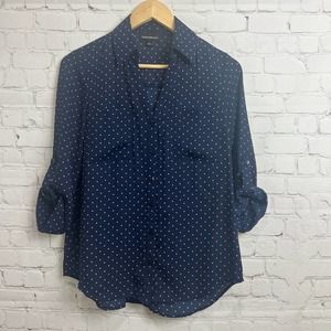 Fortune + Ivy Navy White polka dot 1/2 Sleeve button up vneck top Blouse S